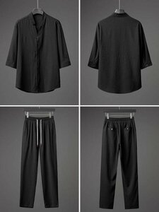 新入荷 サイズ選択可 Tシャツ ロングパンツ パンツ メンズ ルームウェア 部屋着 涼しいセットアップ 上下セット 黒