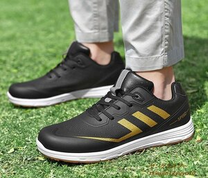 新品セール◆ゴルフシューズ Golf shoes メンズ スニーカー 運動靴スポーツシューズ 紳士 グラデーション幅広 防滑 撥水 耐磨 黒/金 26.0cm