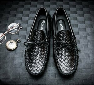  new work men's driving shoes cow leather slip-on shoes handmade Loafer knitting pattern black 24.0cm