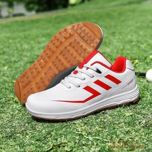 新品セール◆ゴルフシューズ Golf shoes メンズ スニーカー 運動靴スポーツシューズ 紳士 グラデーション幅広 防滑 撥水 耐磨 白/赤 23.0cm