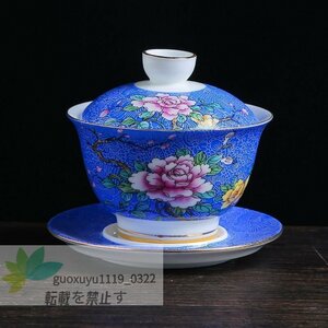 新品★強くお勧め★ 希少 中国景徳鎮古玩 五色花開富貴蓋碗老茶碗 5点セットを 収蔵