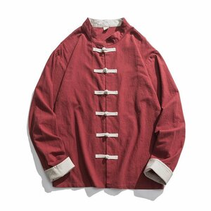 新入荷 お色選択可 メンズシャツ タングスーツ チャイナ服 メンズ トップス 綿麻 無地 長袖/レッド