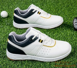 新品特売■ゴルフシューズ Golf shoes メンズ 紳士 スニーカー スポーツシューズ 運動靴 グラデーション 幅広 防滑 耐磨 撥水 白/黄 26.0cm