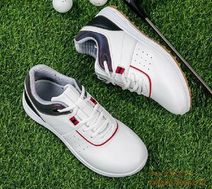 新品特売■ゴルフシューズ Golf shoes メンズ 紳士 スニーカー スポーツシューズ 運動靴 グラデーション 幅広 防滑 耐磨 撥水 白/赤 26.0cm