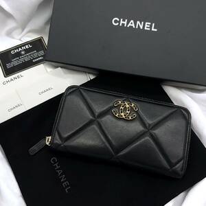 希少品 CHANEL 19 シャネル ロング ジップ ウォレット ラウンドファスナー 長財布 ラムスキン マトラッセ 31番台 ブラック 正規品鑑定済み