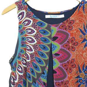 デシグアル Desigual ワンピース VEST_TABI 71V2EQ1 オーガンジー 透け感 異素材切替 ノースリーブ ネイビー マルチカラー size 40の画像3