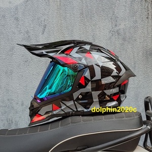 バイク　ダブルレンズ　内蔵サングラス　オフロードヘルメット　フルフェイスヘルメット　S~XLサイズ選択可　黒-D