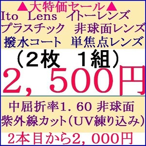 ▲メガネレンズ交換 中屈折率 1.60 非球面 UVカット撥水コート 2 IT03