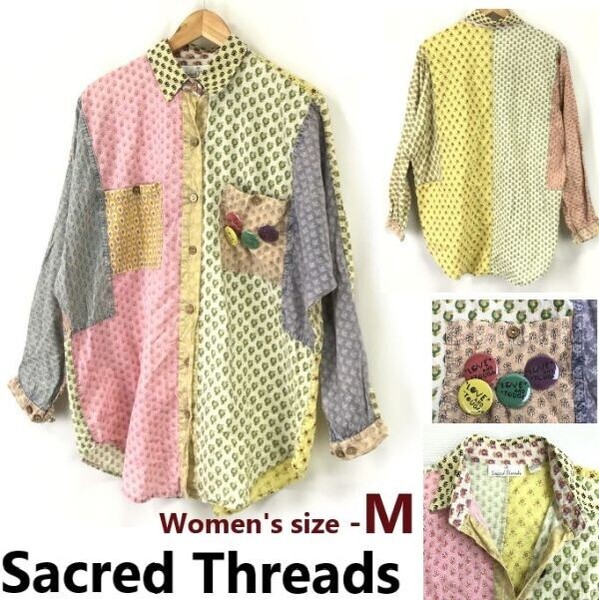 Sacred Threads★絶対注目!パッチワーク/長袖シャツ/ブラウス【レディースM(オーバーサイズ】缶バッジ装飾/Tops/Shirts◆pBH636-p