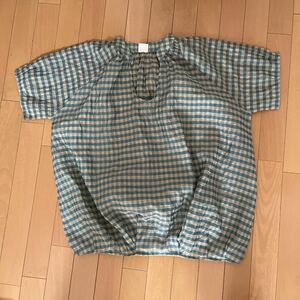 puku プク　チェック　緑　半袖　シャツ　ゆったり　透け感　ふんわり　夏　 ギンガムチェック　半袖シャツ