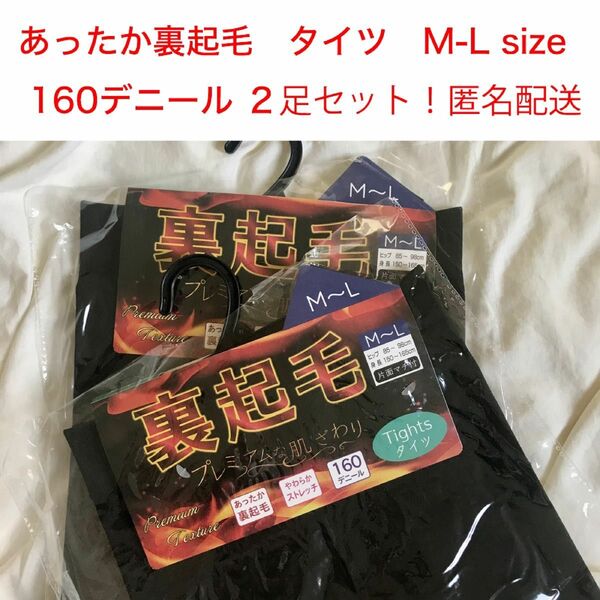 160デニール　ソフトタッチ裏起毛タイツ M～L　2足セット　黒