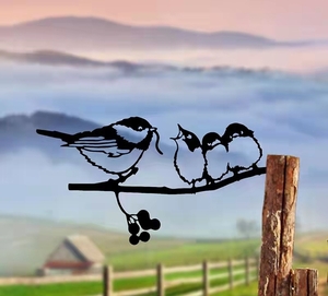 ガーデンプレート アイアンver 小鳥さん親子 ガーデニング 雑貨 オーナメント 飾り かわいい オシャレ 鳥 バード オブジェ 外 木 壁