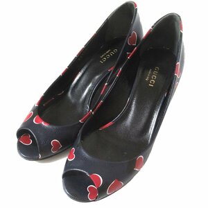 美品 GUCCI グッチ ハート柄 レザー オープントゥ ウェッジソール パンプス 323535 35.5サイズ 22.5cm相当 ネイビー系