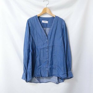 美品 Healthy Denim ヘルシーデニム ノーカラー Vネック 長袖 シャツ シャンブレーブラウス 0 ブルー 401 ◆