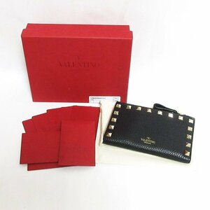 新品同様 VALENTINO ヴァレンティノガラヴァーニ ロックスタッズ コンパクトウォレット コインパース＆カードケース ブラック×ゴールド ◆