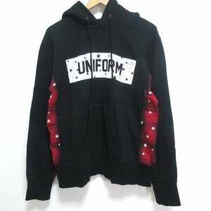 美品 uniform experiment ユニフォームエクスペリメント STAR BOX LOGO CHECK PANEL HOODY ロゴプリント 裏起毛 パーカー 1 ブラック系