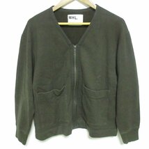 美品 22AW MHL MARGARET HOWELL マーガレットハウエル DRY COTTON LINEN LOOPBACK ZIP CARDIGAN ジップカーディガン 2 カーキ ◆_画像1