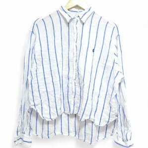 美品 19SS POLO RALPH LAUREN ポロラルフローレン ストライプ柄 リネン100％ 長袖 アシンメトリーヘム シャツ S ホワイト×ブルーの画像1