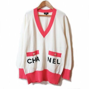  beautiful goods 19SS CHANEL Chanel Logo cashmere 100% long sleeve V neck knitted sweater size 34 white × pink *