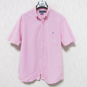 美品 RALPH LAUREN ラルフローレン CLASSIC FIT RL UNTUCKED FIT チェック シアサッカー 半袖 ボタンダウン シャツ LG ピンク ホワイト ◆