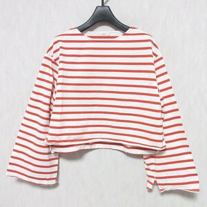 美品 23SS yori ヨリ ショートボーダーカットソー ワイドスリーブ 長袖 クロップド Tシャツ YR11-23018SP F ホワイト×オレンジ ◆