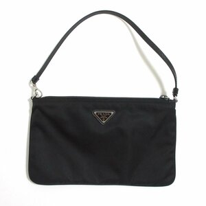 美品 PRADA プラダ トライアングルロゴ ナイロン×サフィアーノレザー ポーチ ミニバッグ ハンドバッグ 1NI545 ブラック ◆