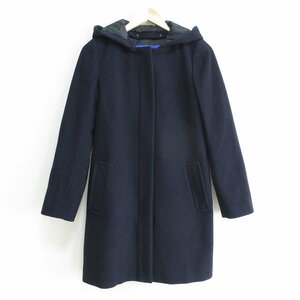 美品 BLUE LABEL CRESTBRIDGE ブルーレーベルクレストブリッジ 裏地チェック フェイクファー フードコート 38 ネイビー ◆