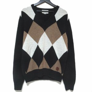  beautiful goods 21AW GUCCI Gucci a-ga il diamond pattern long sleeve V neck knitted sweater 626275 XKBFA M size black × beige × eggshell white 