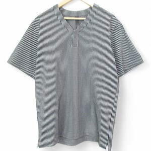 未使用 WJK ダブルジェイケイ V-neck henly shirt ストライプ柄 半袖 シアサッカー Tシャツ カットソー Sサイズ ネイビー系