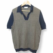 美品 Settefili Cashmere セッテフィーリカシミア 半袖 リネン×コットン スキッパー ニット ポロシャツ カットソー XS ネイビー系_画像1