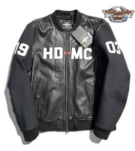 未使用【定価8.9万】HARLEY-DAVIDSON ハーレーダビッドソン 切替 レザー ボンバージャケット XL HD-MC ロゴワッペン 山羊革【タグ付】黒