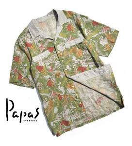 美品【定価3万】Papas パパス リネン 半袖シャツ L (50) メンズ 麻100％ 総柄 花 ハイビスカス【着心地抜群の一枚】送料370円 日本製