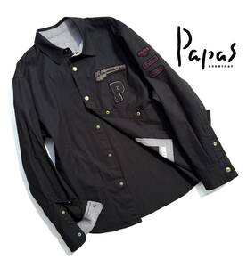 美品【定価5万超】Papas パパス シャツジャケット L (50) メンズ ロゴ【サガラ刺繍ワッペン】綿 麻 送料520円 春夏向け 黒 日本製