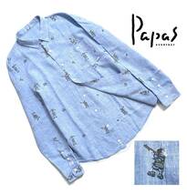 極美品【定価3.9万】Papas パパス 刺繍 リネン 長袖シャツ 48(M) メンズ シロクマ ハンター 麻 送料370円 日本製 専門店クリーニング済_画像1