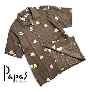 最高級【定価3.5万】Papas パパス 半袖 リネンシャツ L 総柄 麻【ハット柄】メンズ 送料370円 ロゴ 日本製 高清涼感 着心地抜群