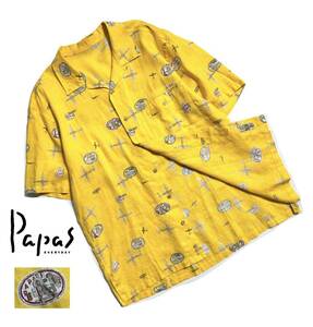 極美品【定価3.5万】Papas パパス リネン 半袖シャツ L (50) メンズ アロハ 麻100％ 総柄 飛行機【雰囲気抜群の一枚】送料370円 日本製