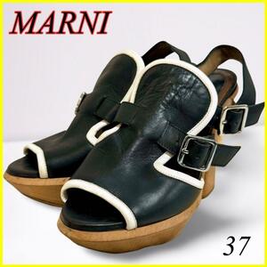 【美品】MARNI マルニ サンダル ウッドソール 黒 ブラック レザー 牛革 37 24㎝ 保管袋 レディース　