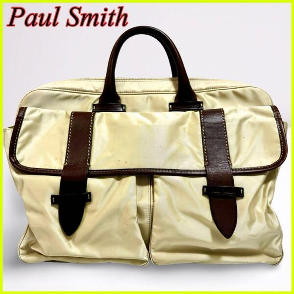 Paul Smith ポールスミス ビジネスバッグ トートバッグ ブリーフケース ナイロン レザー アイボリー ベージュ A4 自立可能 メンズ 1円