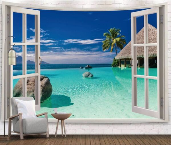(新品）壁掛 タペストリー 「白い窓から海」　 150 x 130cm ビーチ ツリー　南国　エメラルドグリーン　癒し 自然風景 