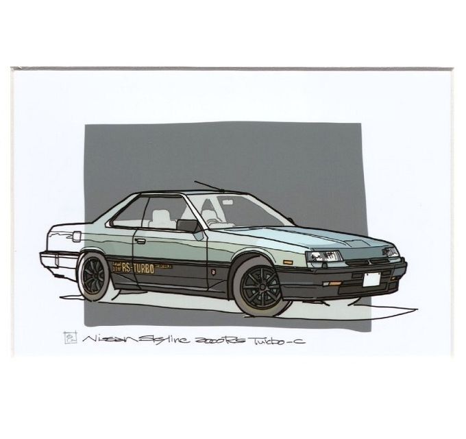 Neues altes Auto, berühmtes Auto, Grafikkunst, Skyline 2000RS Turbo C, Galerie, Shae Showa, nostalgisches Auto, Nissan-Interieur, Kunstwerk, Malerei, Grafik