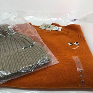  spring color *UNIQLO[ Uniqlo ×aniya* is India March ] premium Ram crew neck sweater 160 orange & knitted Beanie hat * Kids M/L