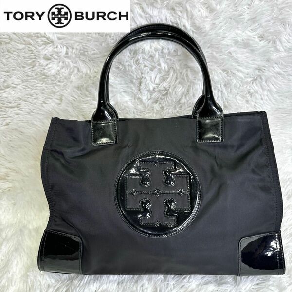 【匿名配送】トリーバーチ　トートバッグ　エラ　デカロゴ　大容量　ナイロン　エナメル　ブラック TORY BURCH