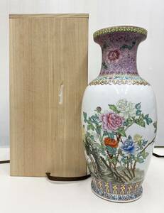 DK@ 中国景徳鎮製 花瓶 サイズ46cm 景徳鎮 粉彩 花瓶 花器 飾壺 中国美術 花鳥 古美術 唐物 木箱付き