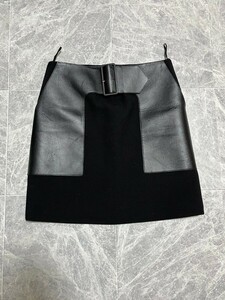 CELINE by Phoebe Philo セリーヌ　フィービー　レザー　ウール　シルク　切り替え　ベルト　スカート　サイズ36　黒　ブラック
