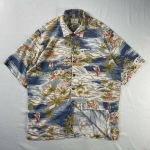 Vintage アメリカ製 90s SOLITUDE コットン レーヨン ビーチ 水彩 ペールカラー アロハシャツ ハワイアンシャツ 総柄 デザインシャツ