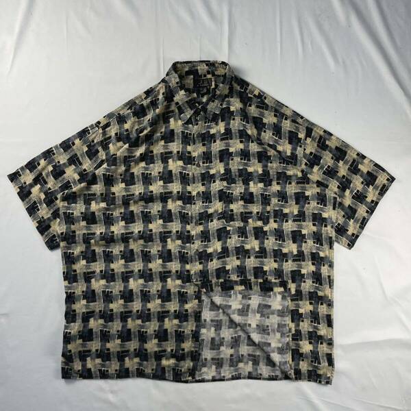 US Vintage 90s J.Ferrar レーヨン100% くすみカラー 幾何学模様 アート クレイジーパターン 格子 総柄 デザインシャツ