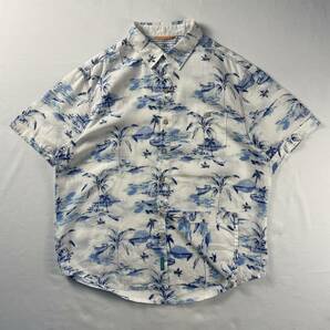 Vintage Tommy Bahama リネン100% 淡色 アート ビーチ ヤシ アロハシャツ 総柄 デザインシャツ