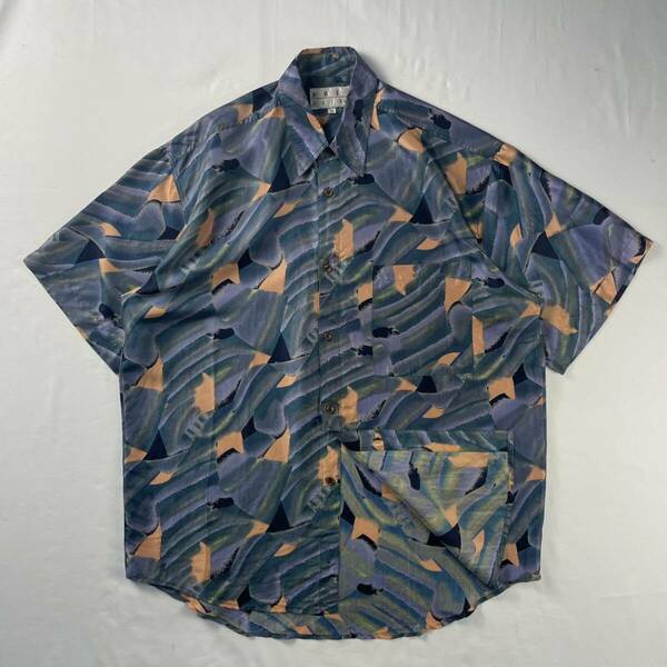 Vintage 90s FREE by falke シルク100% 光沢 幾何学模様 アート柄 総柄 デザインシャツ ドレスシャツ