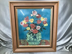 04-16-404 ★P【大】 中古　アート 美術品 芸術品 絵 児嶋善三郎 バラ 油絵 額縁セット 花 花瓶