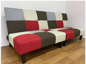 2分割式　布製　北欧風 ソファーベット コンパクト モダンデザイン ファブリック レッド色 ブルー色 2色対応　リクライニング　ベッド